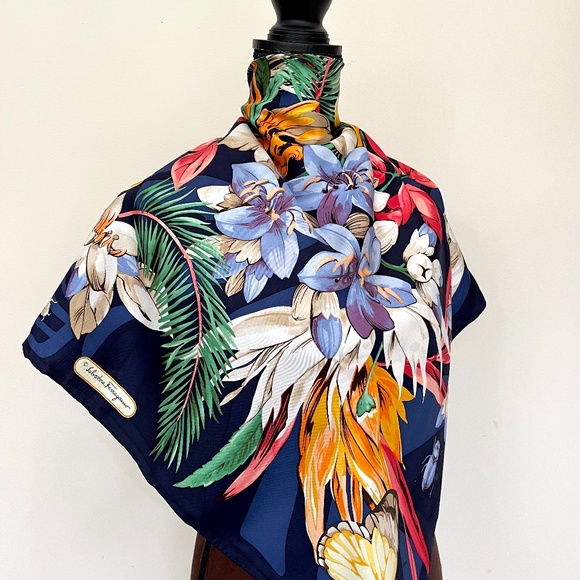 New Salvatore Ferragamo Scarf Butterfly Flowers Blue Multicolor Silk Wrap - Picture 1 of 12